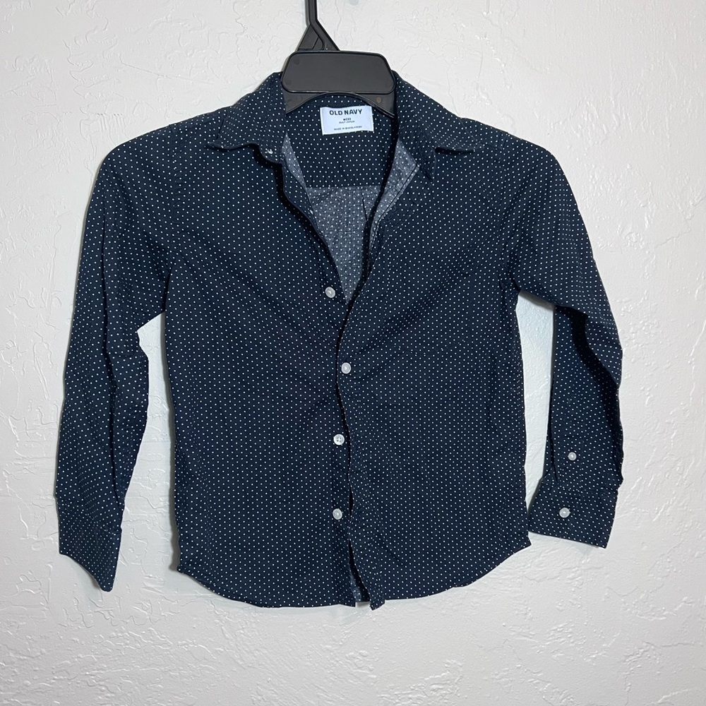 OLD NAVY LONG SLEEVE BUTTON UP NAVY BLUE AND WHITE POLKA DOT SHIRT SIZE M (8)